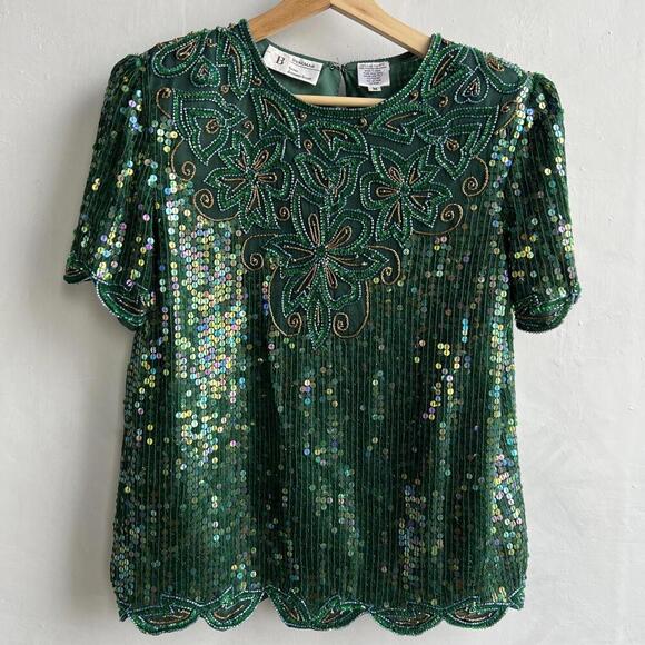 Braemar Tops - Vintage Braemar Silk Sequin Beaded Top Green 80s Evening M
